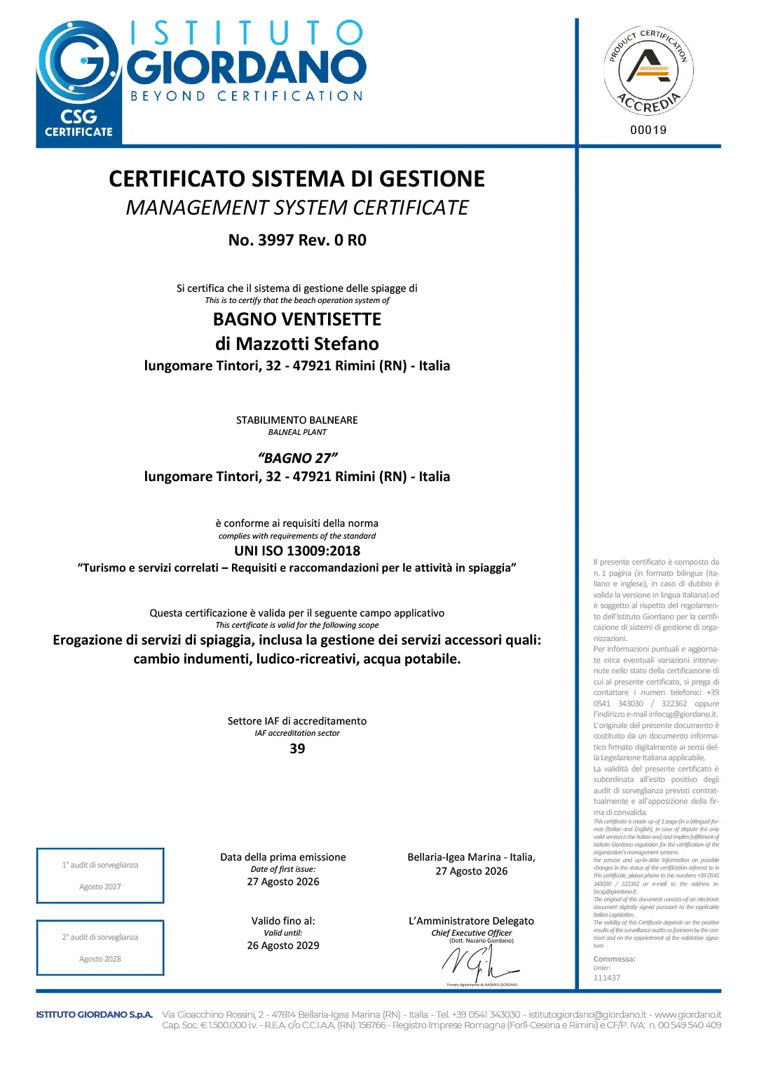 Certificato RINA - Protocollo di inclusione LGBTQ+
