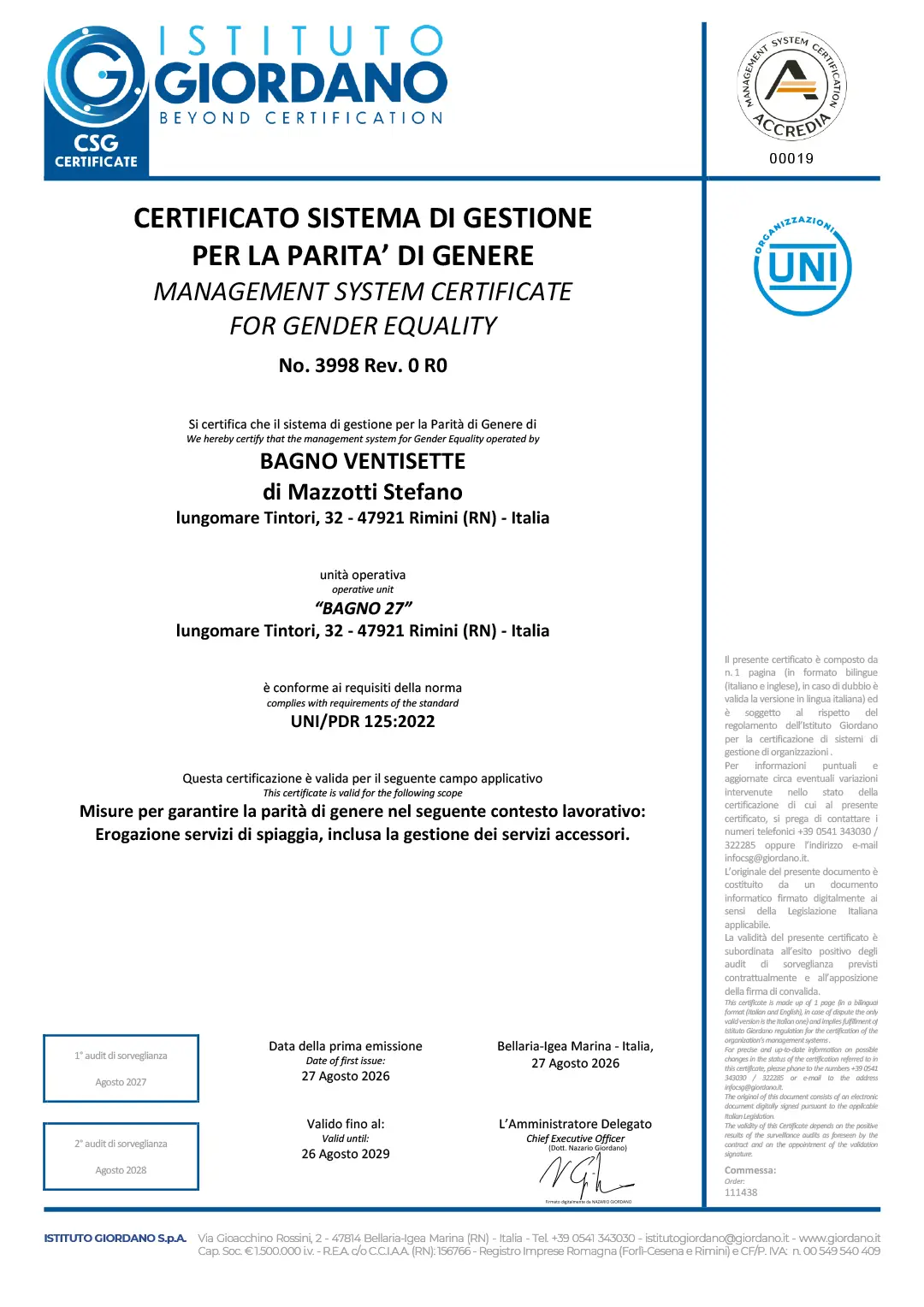 Certificato RINA - Protocollo di inclusione LGBTQ+