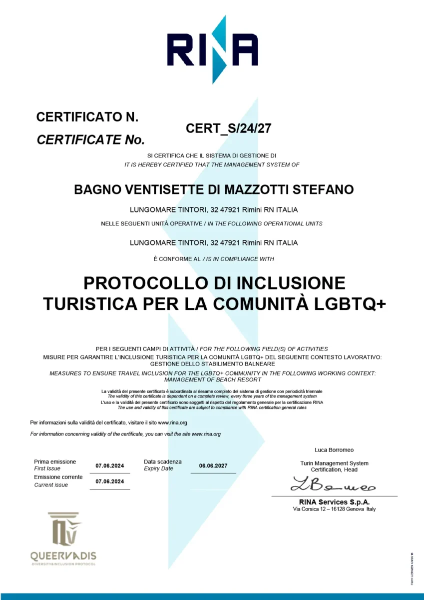 Certificato RINA - Protocollo di inclusione LGBTQ+